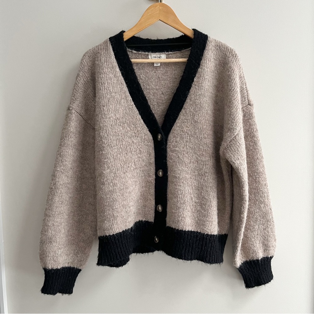 [on 34th] v neck contrast edge long sleeve fuzzy cardigan beige black XL